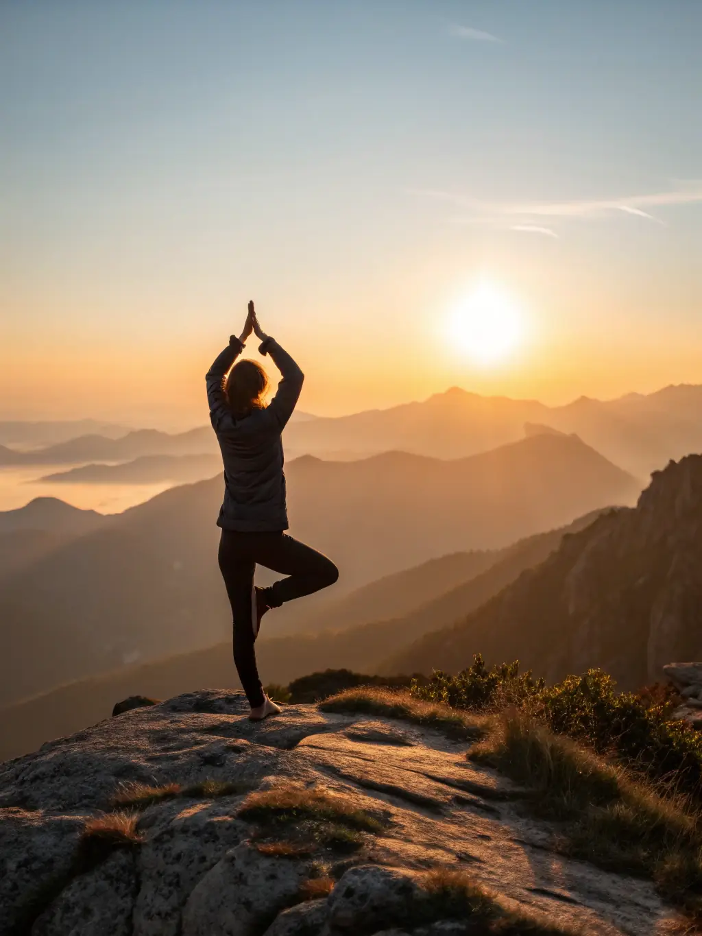 A serene image of a person in a yoga pose, bathed in soft, natural light, demonstrating balance and tranquility, suitable for the yoga service offering on MeditatingSophie's website.